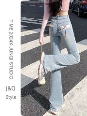 新中式國風微喇牛仔褲女2025夏季潮流新款高腰小個子修身喇叭褲子