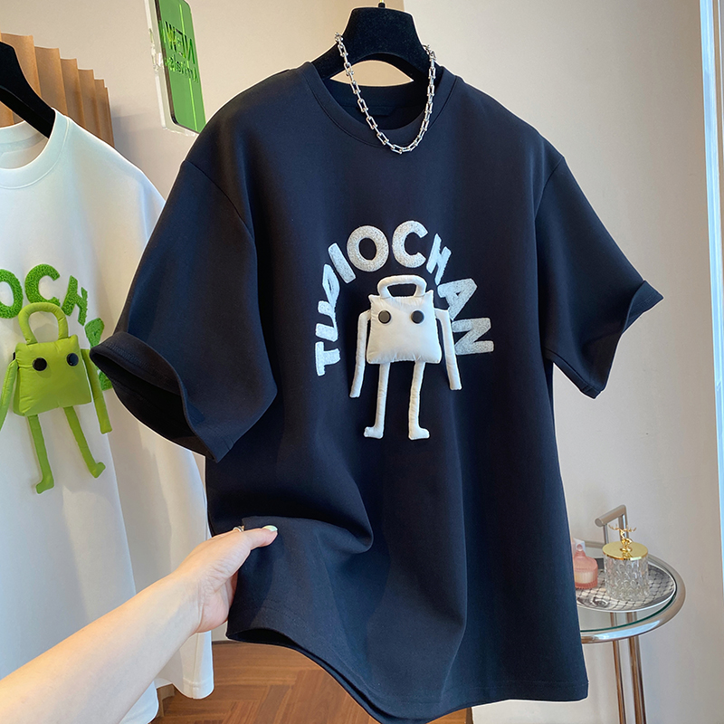 Towel embroidered pure cotton 210g combed tight back collar three-dimensional funny doll fashionable short sleeves