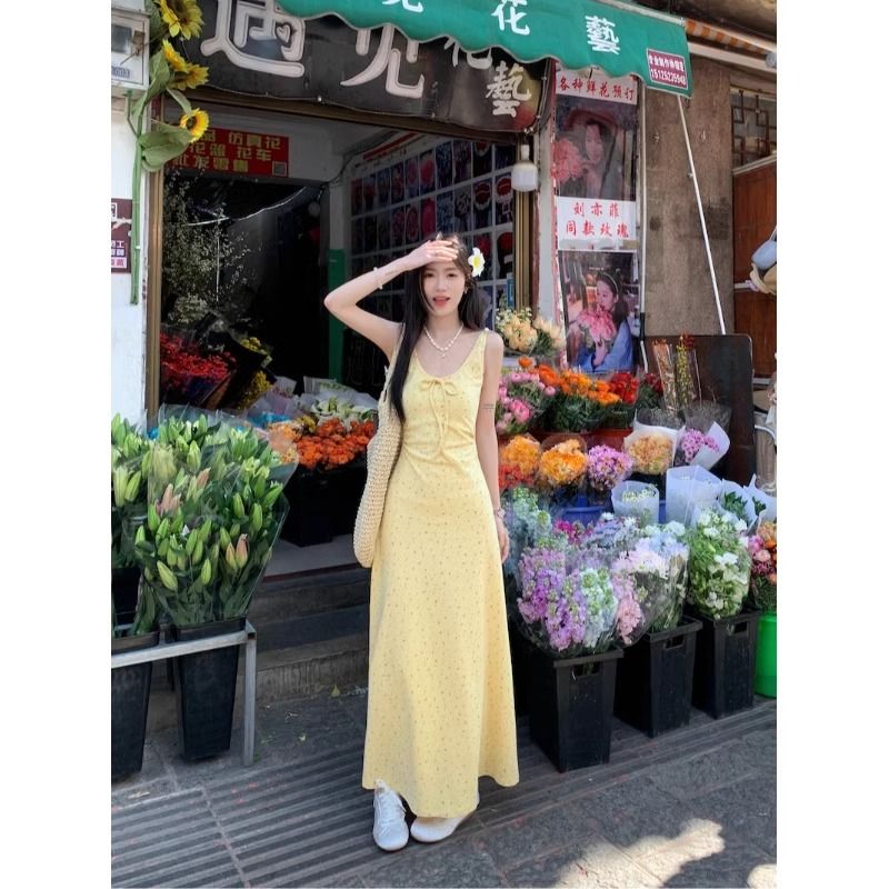 黃色碎花吊帶連衣裙女夏季無袖背心裙法式甜美風收腰長裙a字裙子