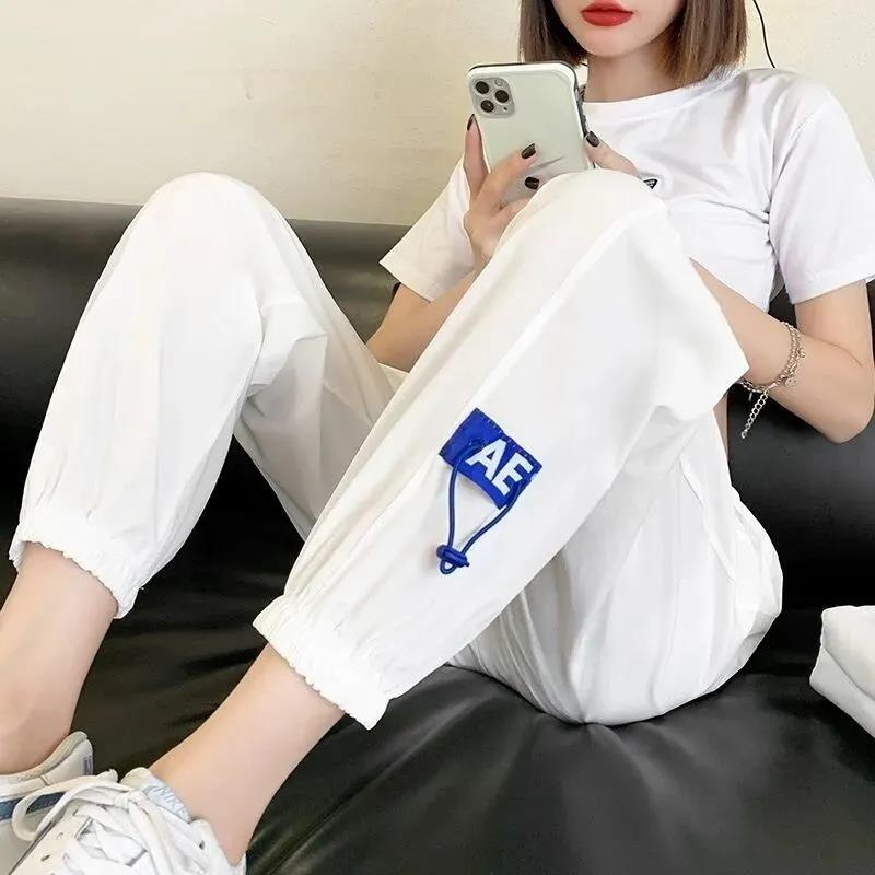 外貿大碼女裝夏季顯瘦冰絲薄款休閒運動褲胖妹妹高腰寬鬆束腳衛褲