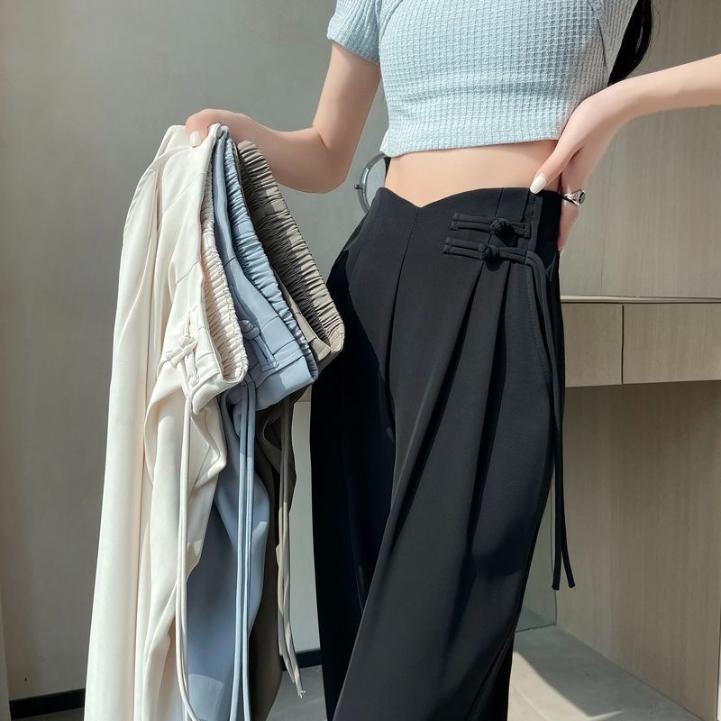 Women's High-Waist Loose Straight Leg Suit Pants with Traditional Chinese Knot Detail - 2025 Spring Collection