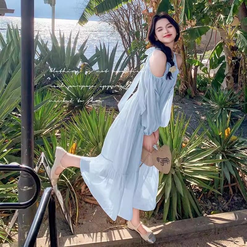 海邊度假風露肩連衣裙女2025新款法式溫柔風甜美寬鬆絕美仙女長裙