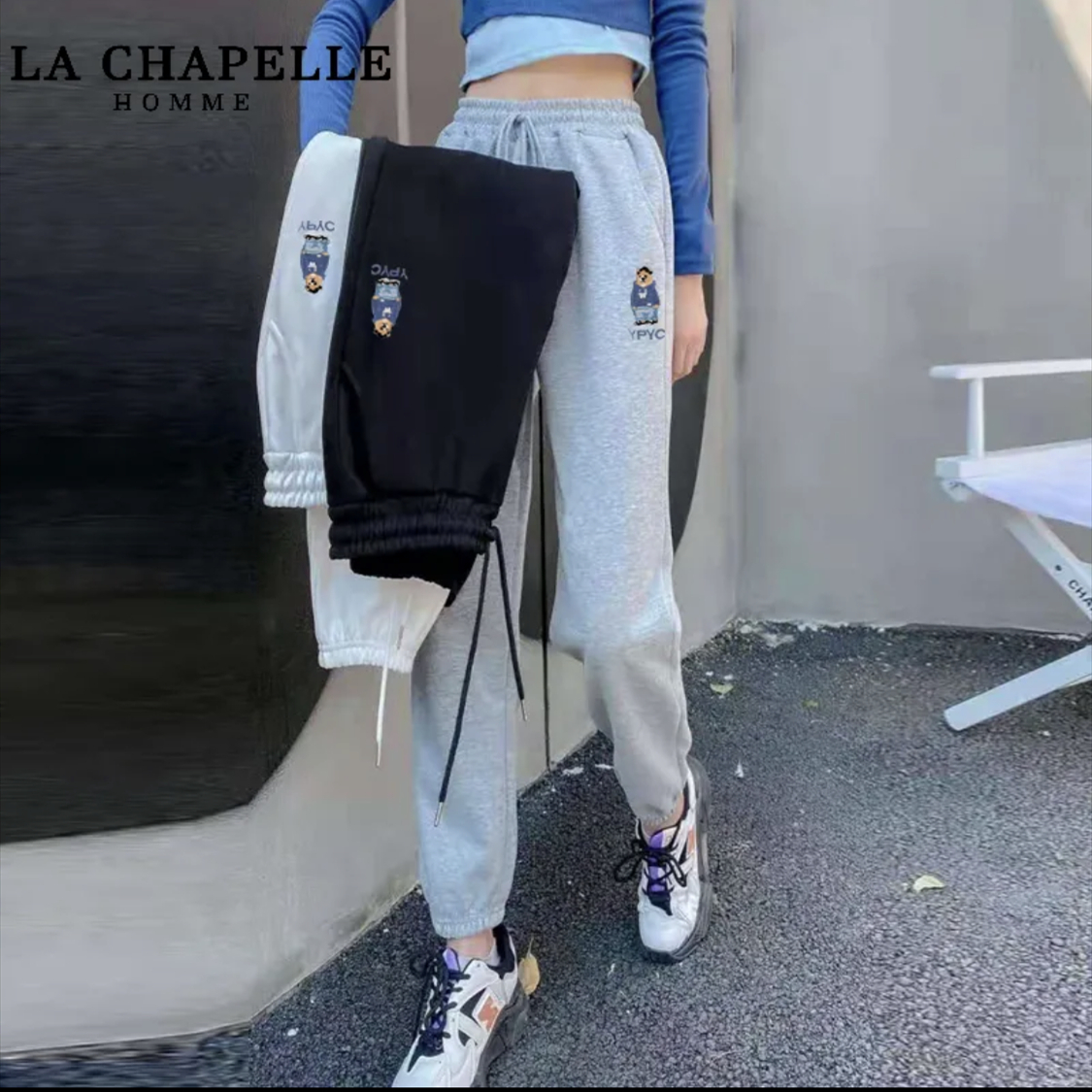 Women's Spring and Summer Elastic Ankle Hem Flared Sweatpants, New Versatile Grey Casual Honeycomb Pattern Track Pants