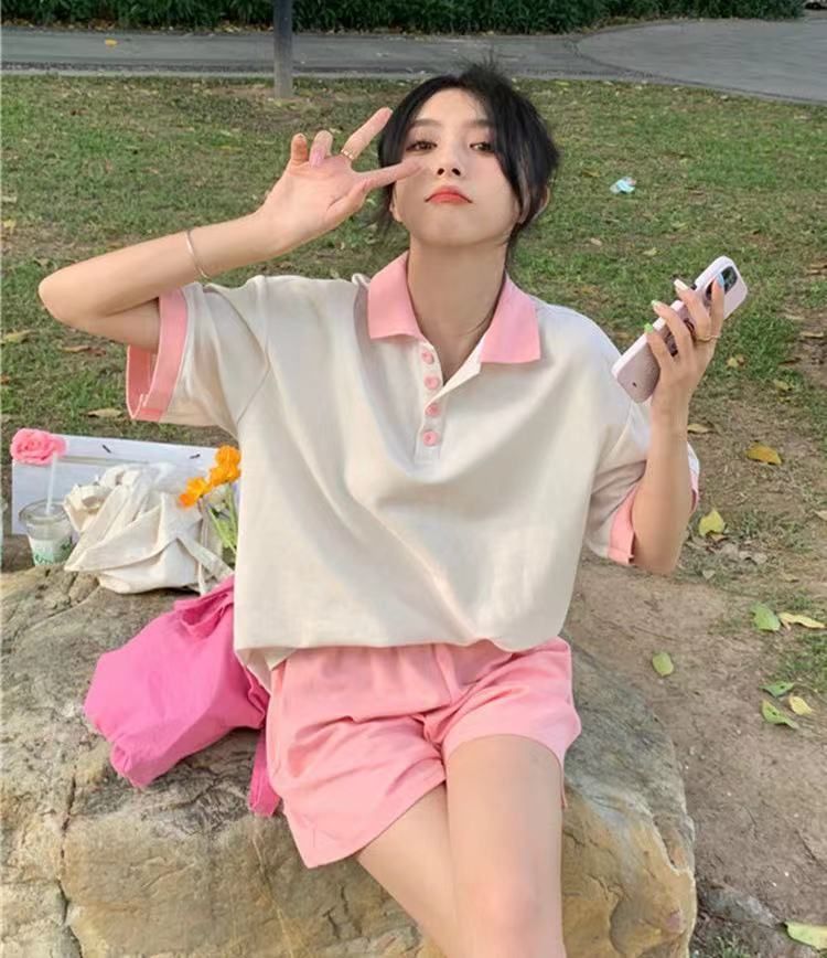 Sports suit for women summer student Korean style loose fashion polo collar top short sleeve shorts casual two-piece set