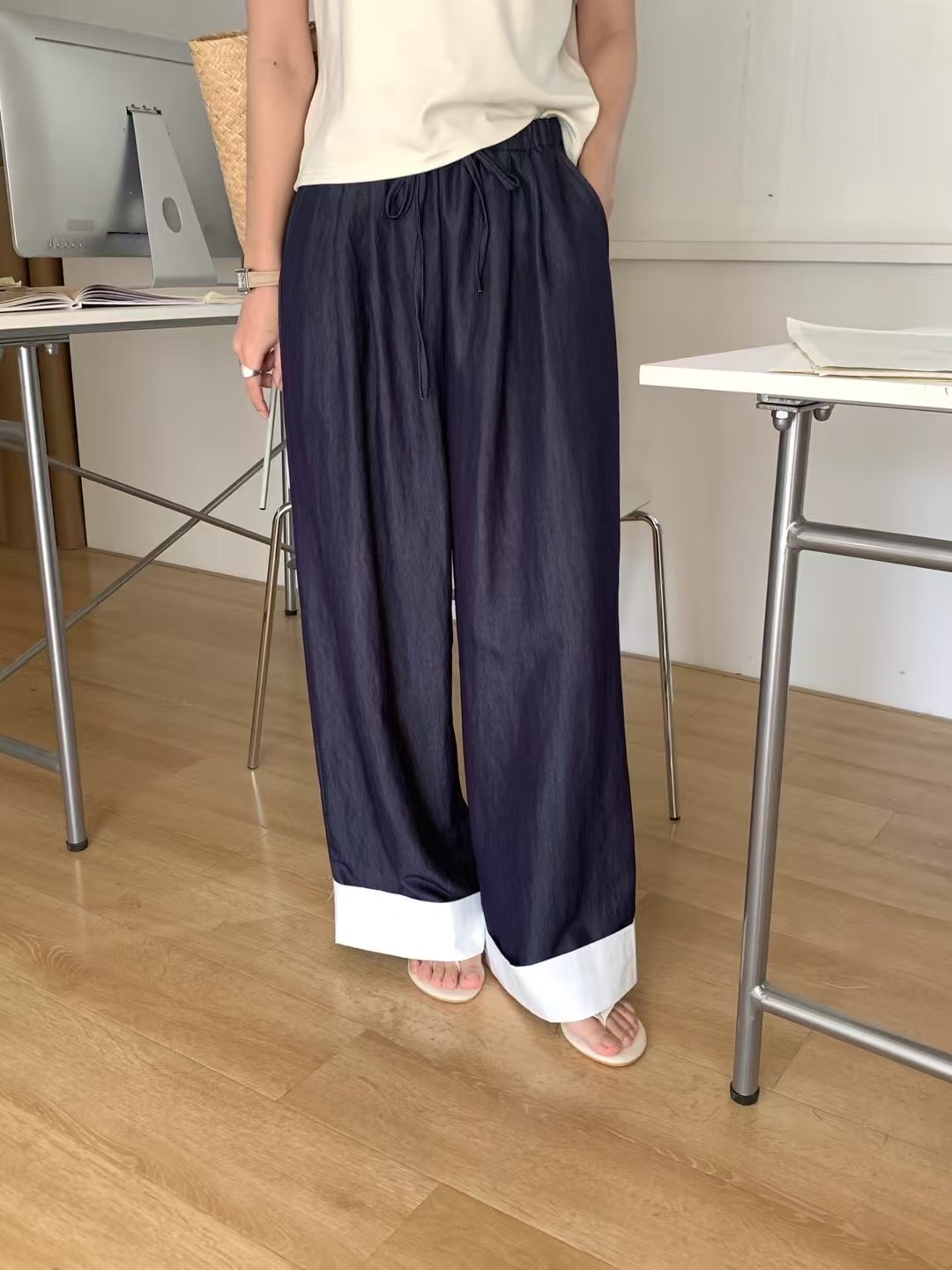 實拍～2025新款翻邊休閒西裝褲女夏寬鬆直筒褲卷邊闊腿褲長褲