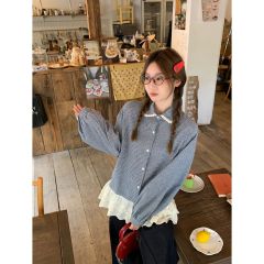 韓系2025新款甜美風蕾絲花邊拼接娃娃領疊穿磨毛格紋襯衫女上衣潮