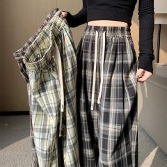 Retro plaid casual pants for women in summer 2025 new spring clothes large size slimming straight wide-leg trousers thin
