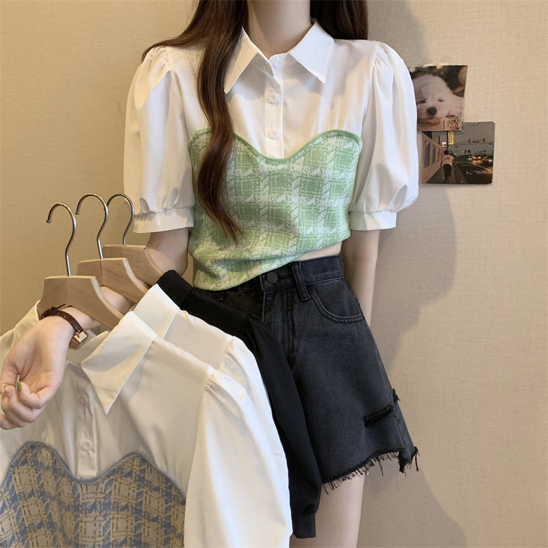 天貓質量假兩件拼接polo領法式泡泡短袖女夏季設計感氣質短款