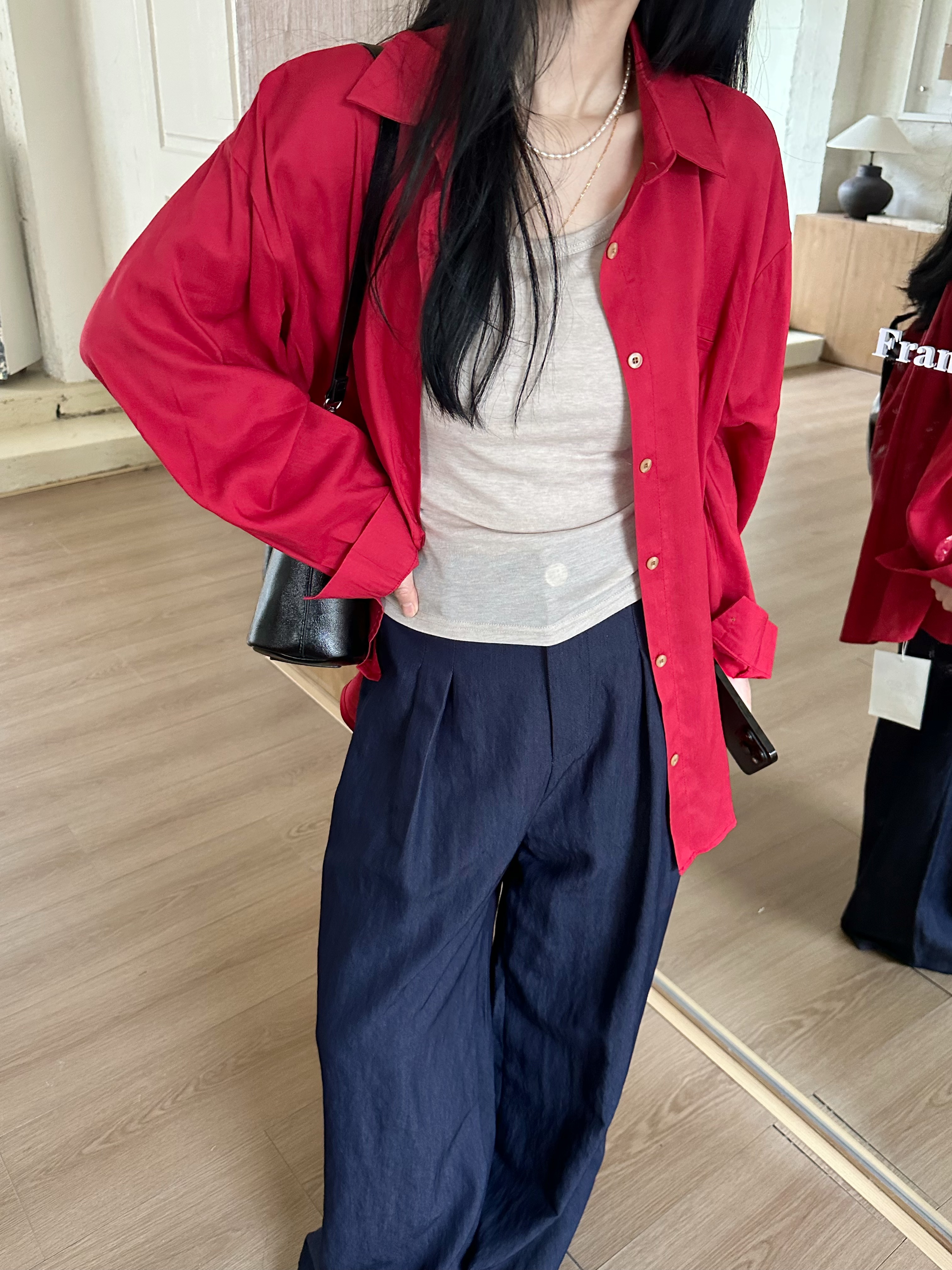 實拍～韓版早春新款休閒棉麻襯衫百搭長袖Polo領單排扣襯衣女