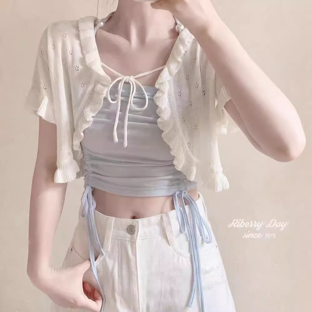 Refreshing hollow high waist paired with helper short short-sleeved knitted cardigan wear super fairy outside with sunscreen shirt in summer