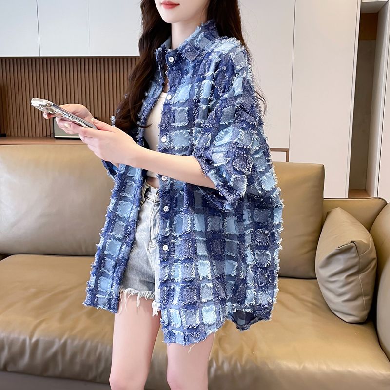 First-time real shot 100 polyester short-sleeved shirt for women with large size fat mm jacket