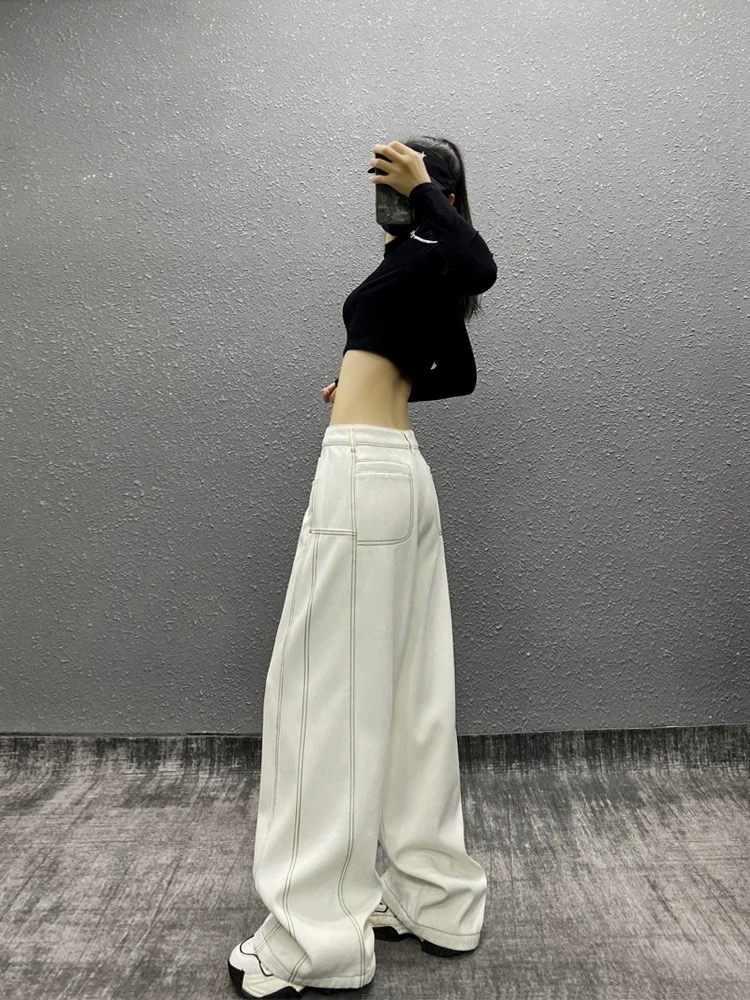 美式街頭條紋明線拼接牛仔褲女夏季新款高腰顯瘦百搭闊腿拖地長褲