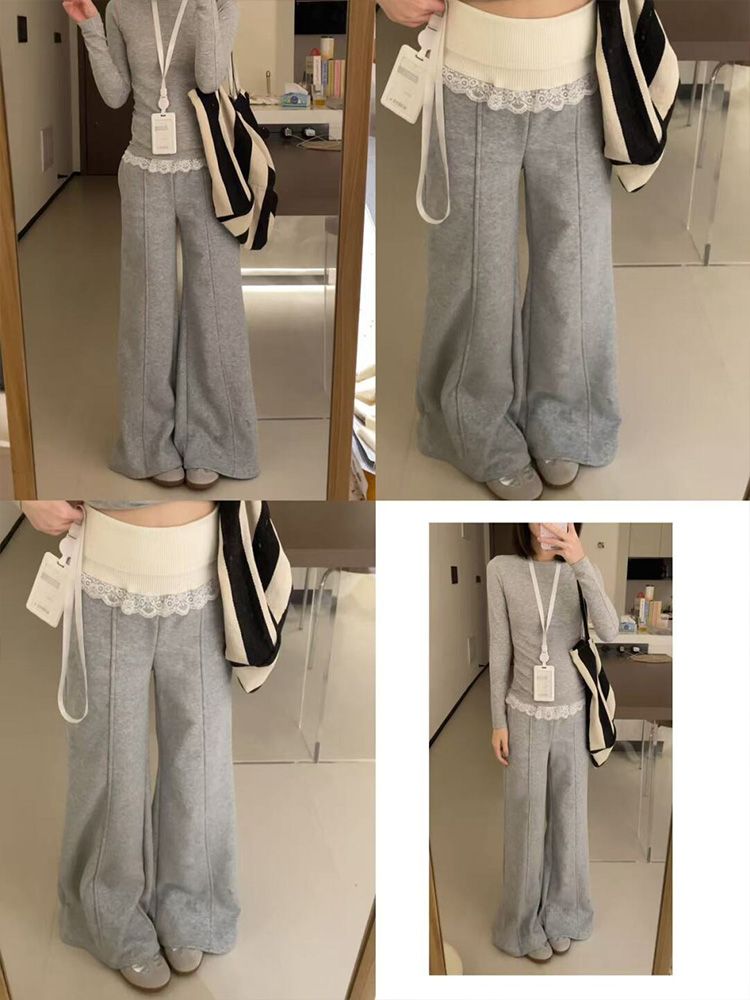 設計感蕾絲拼接寬鬆衛褲女2025春季新款闊腿休閒褲垂感拖地長褲子