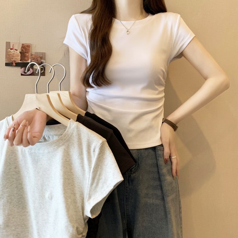 實拍 夏季韓版純色打底衫女新款側邊褶皺飛飛袖純棉短袖T恤上衣