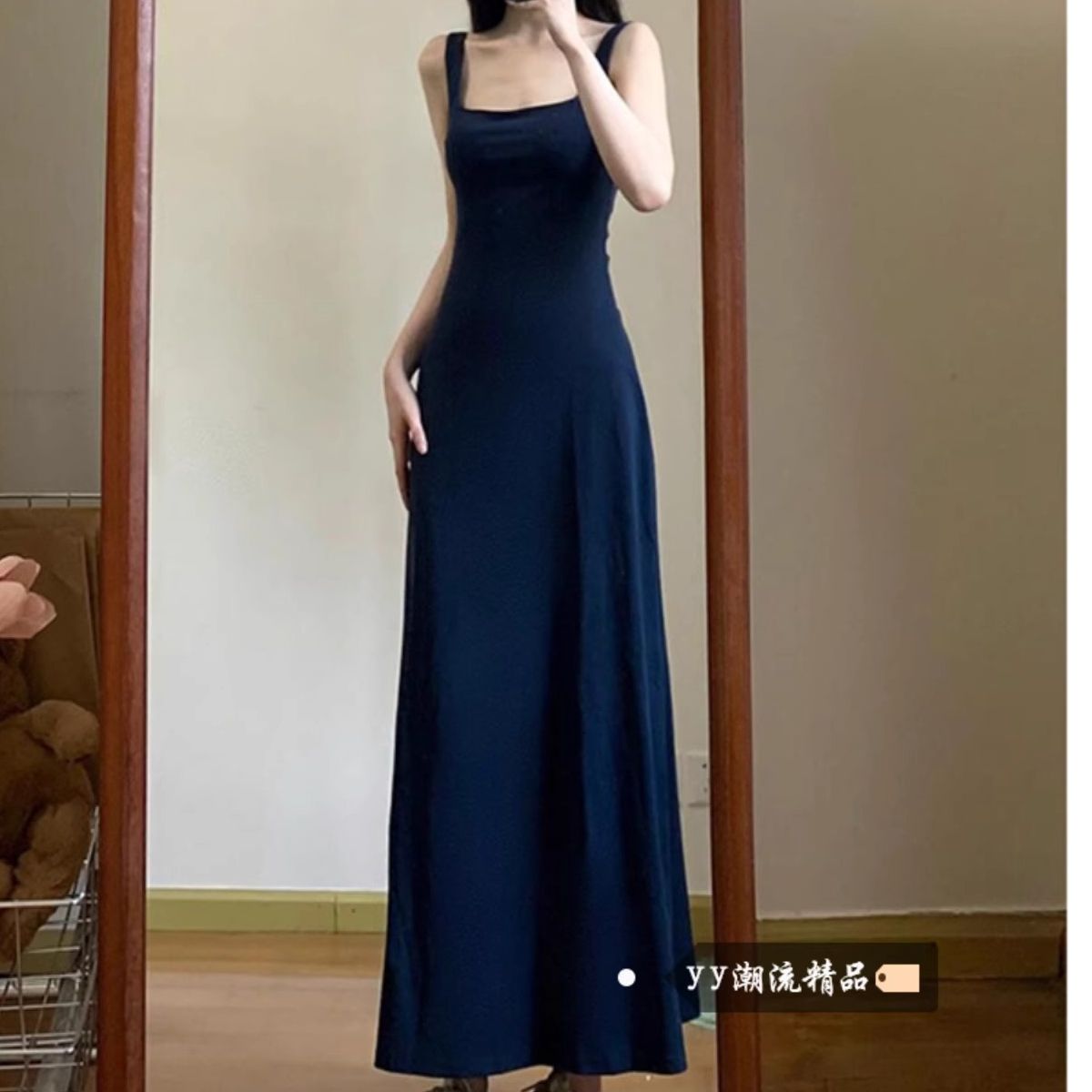法式高級感氣質藍色吊帶背心連衣裙女2025春季小個子收腰長裙裙子