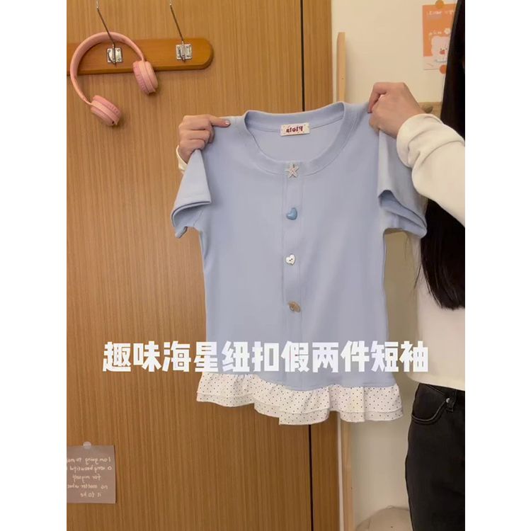 原版做工 手工紐扣 40支奧代爾210克純棉 波點拼接短袖T恤女