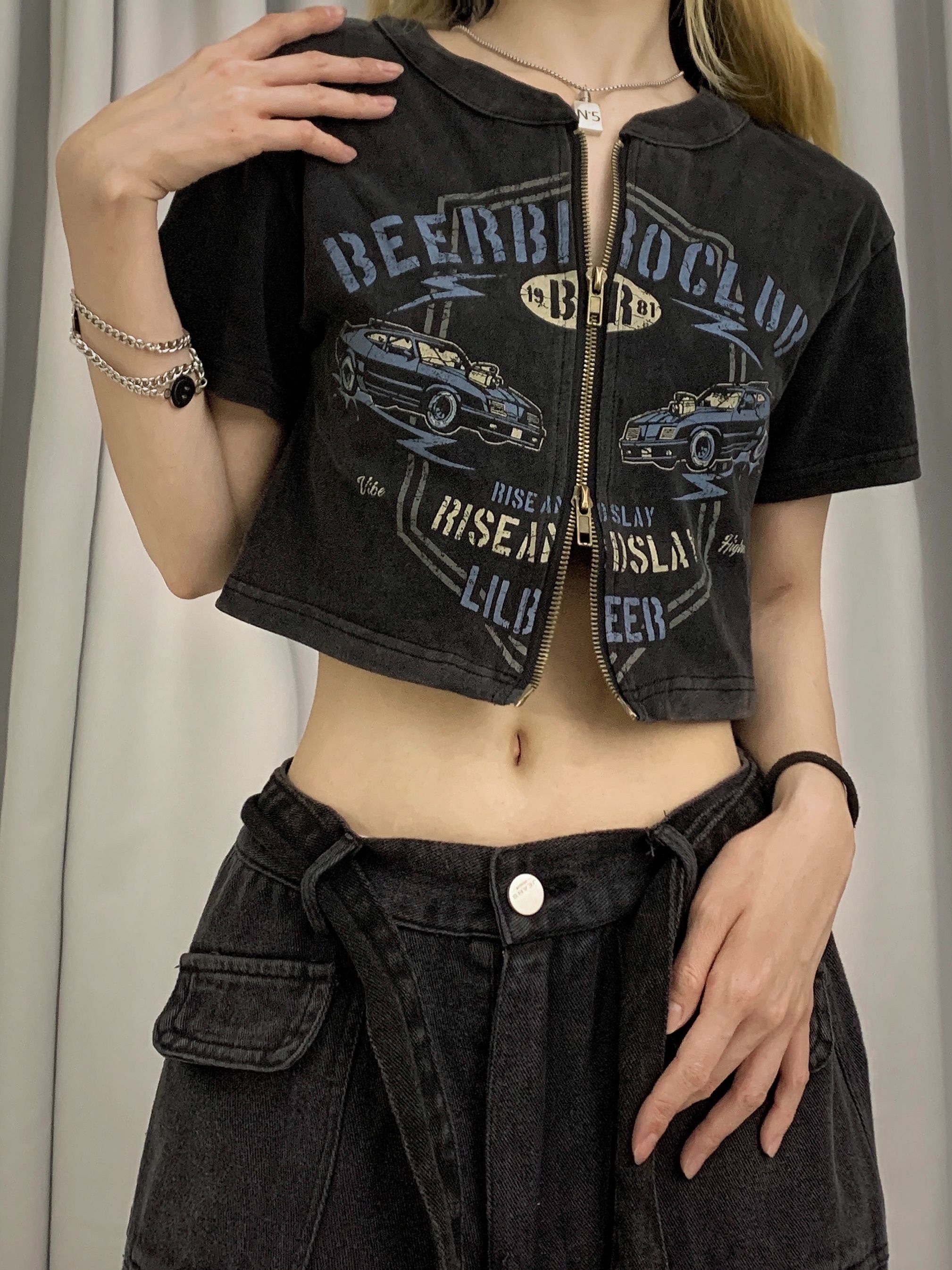 Ribbed double-headed zipper short-sleeved T-shirt for women European and American hot girls short cardigan