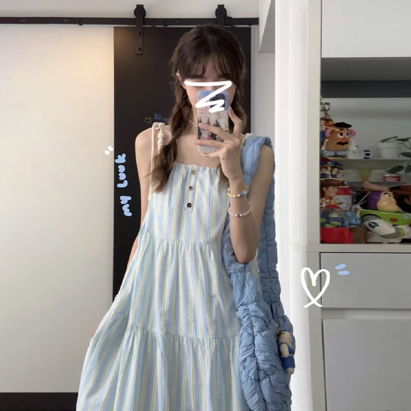 French temperament blue striped suspender dress for women summer small seaside vacation long skirt