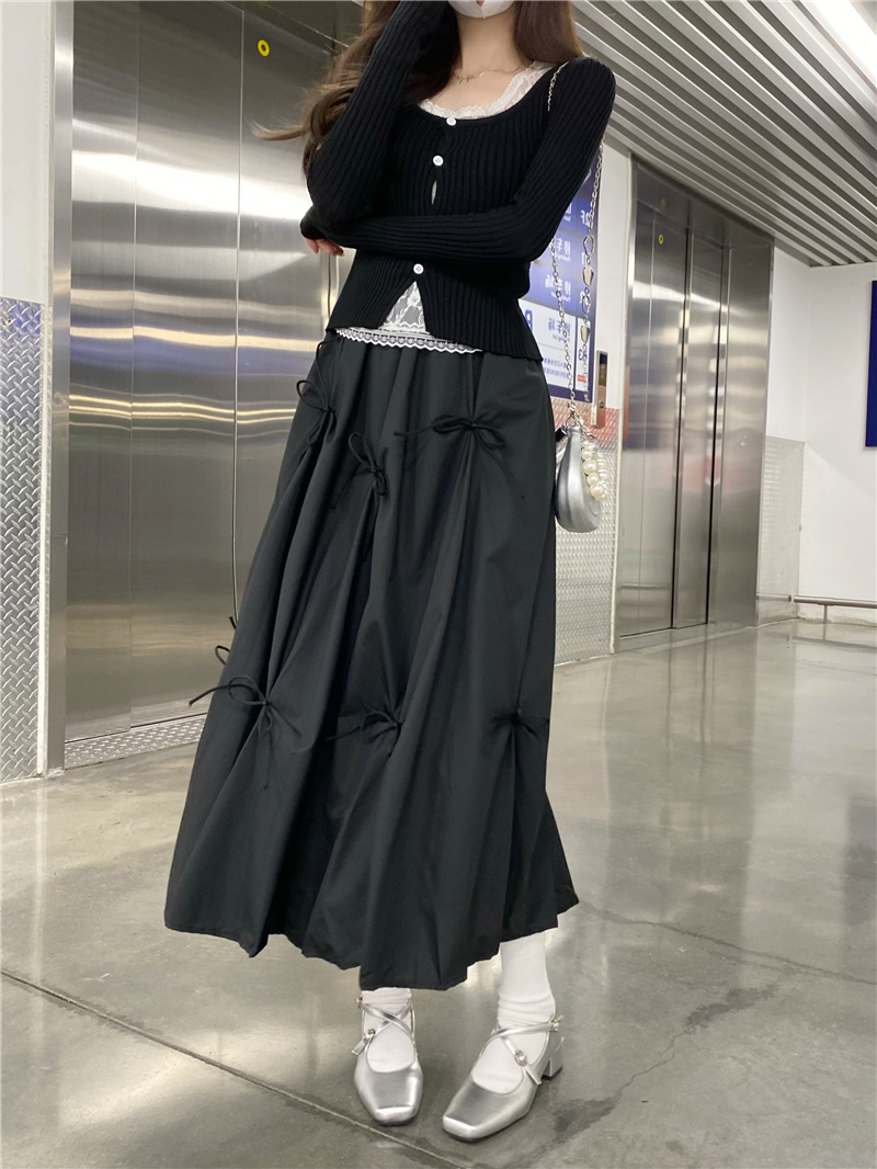 Real shot French Hepburn style bow skirt women's high waist slim A-line large umbrella skirt