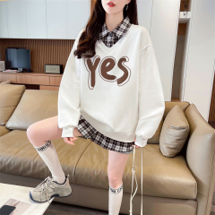First shot of the real-time collar twill, thin top POLO collar plaid sweatshirt, women's long-sleeved jacket