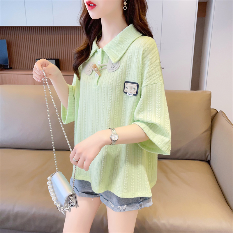 The first real shot of the new jacquard back bag Korean version POLO collar contrasting short short-sleeved T-shirt for women