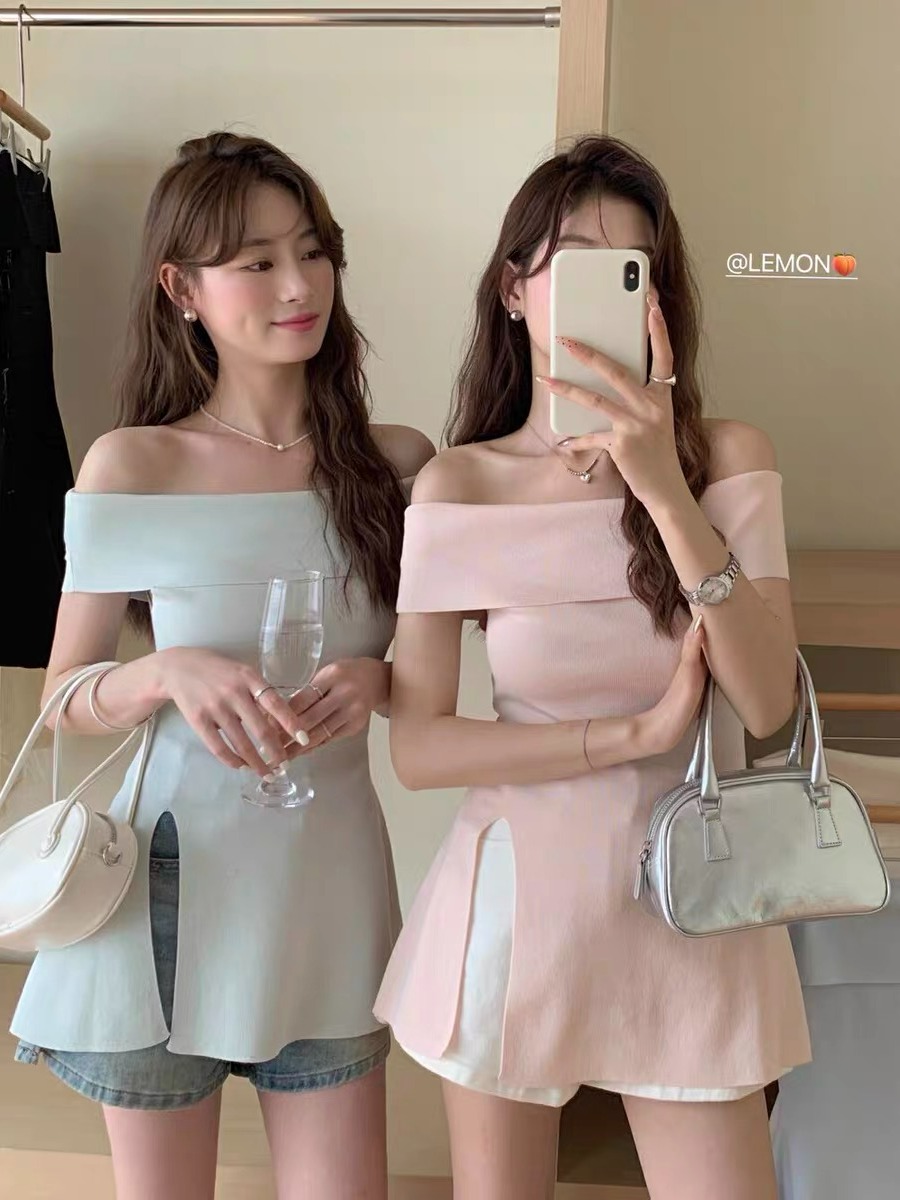2025 summer new Korean high-end style pure desire paper sheet man slit one-shoulder waist-hugging knitted shirt top