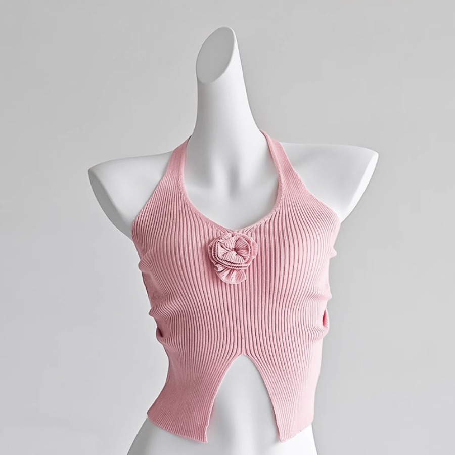 New pure sexy rose flower neck halter top for women's summer dress sweet hot girl sleeveless vest wears outside