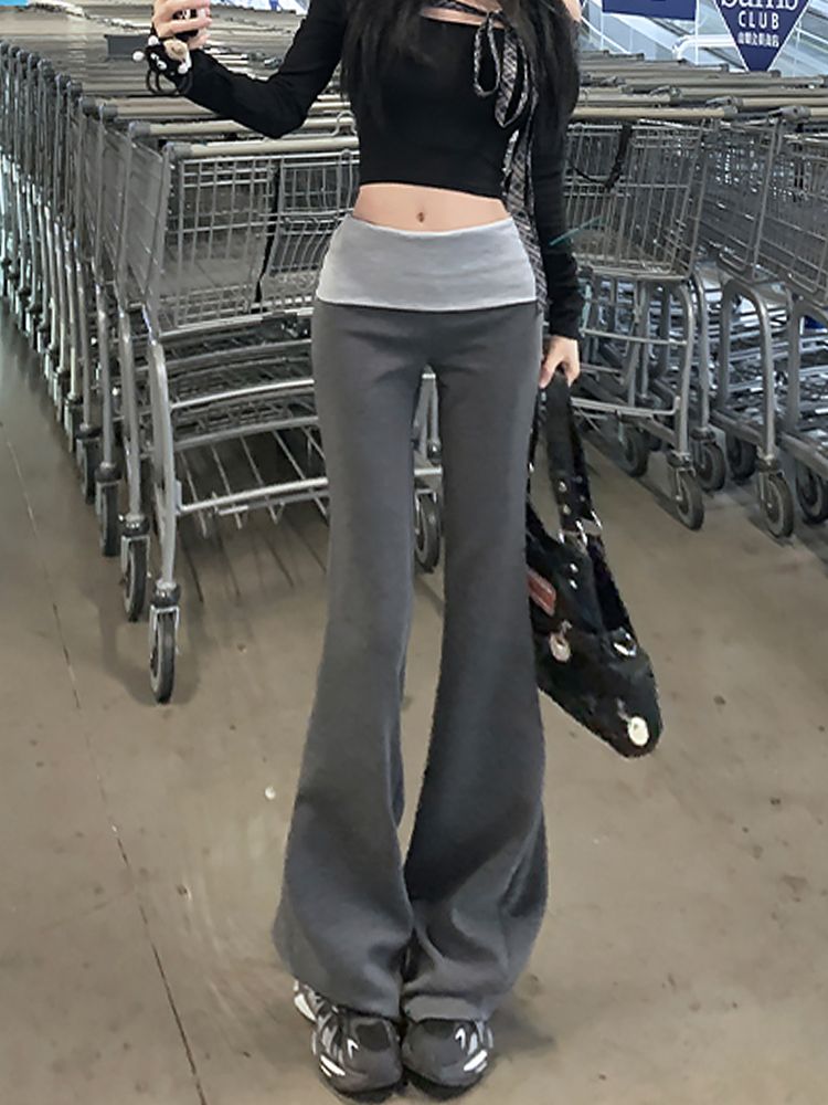 High-waisted deep grey design, color-blocking micro-elasticity, stylish and versatile slimming fitness pants for walking and casual wear.