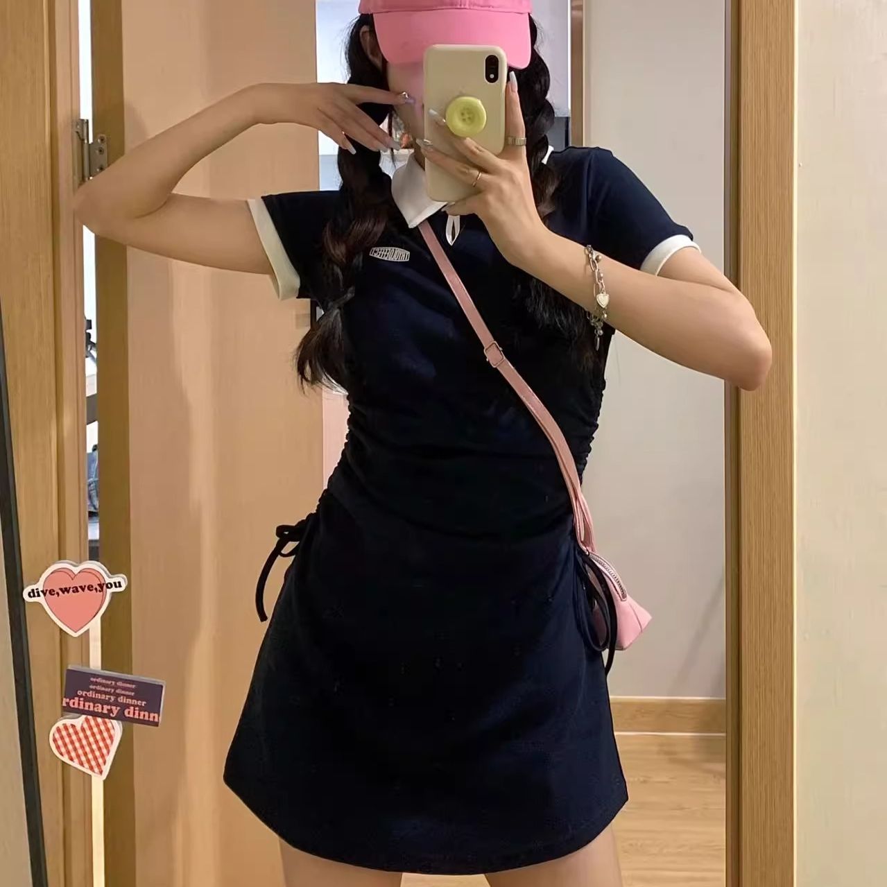 American style college look drawstring polo neck dress for women summer spicy girl color salted short skirt 