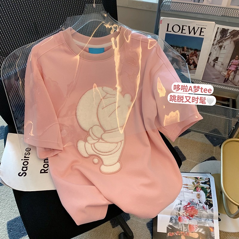 Official picture 100% cotton back collar and shoulder-shoulder sweet cartoon flocking design short-sleeved T-shirt