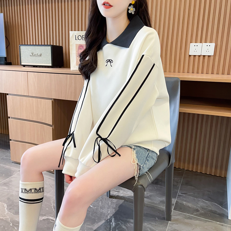 Real photos of Hua Cotton Compound Milk Silk Spring and Autumn Thin Long Sleeve Sweatshirt Women's Korean version loose slim design top Internet celebrity