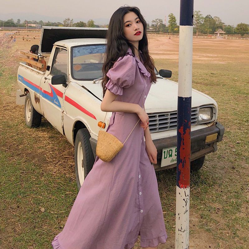 French retro niche dress with girls doll collar mid-length Korean style skirt summer slim waist-hugging temperament long skirt