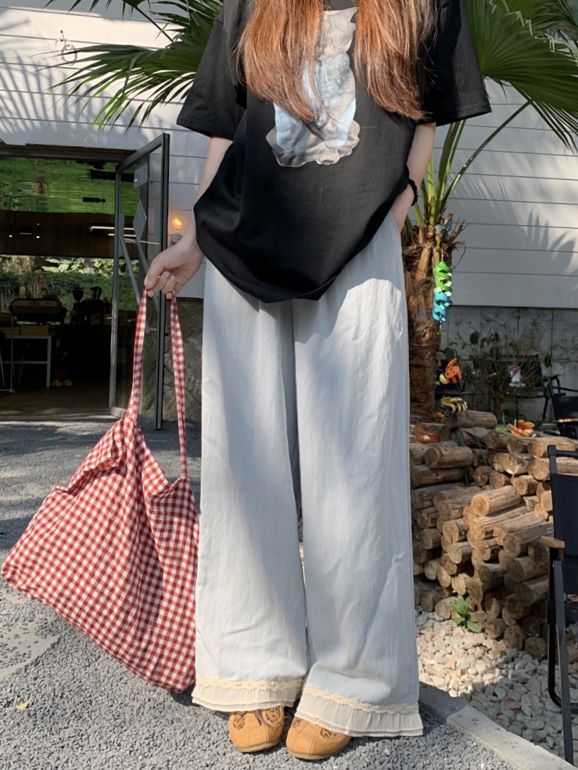 Real shot of the new design sense spliced ​​lace lace wide-leg pants high waist casual slim and versatile straight pants