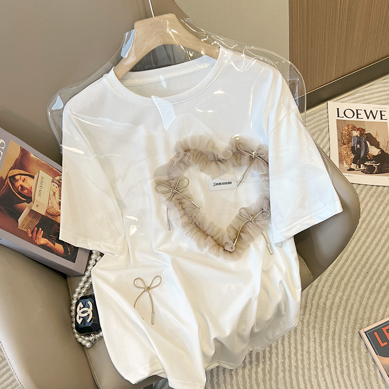 Official picture 100% cotton back bag collar and shoulder-shoulder fashionable love mesh splicing design T-shirt for women