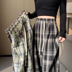 Plaid pants spring and summer retro style lace-up casual high waist straight thin wide-leg pants