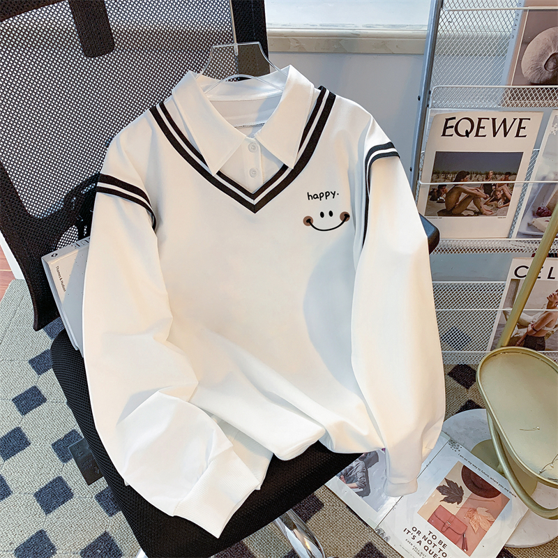 Real photo of the street back bag collar twill thin POLO collar sweatshirt for women cartoon long-sleeved jacket design top internet celebrity