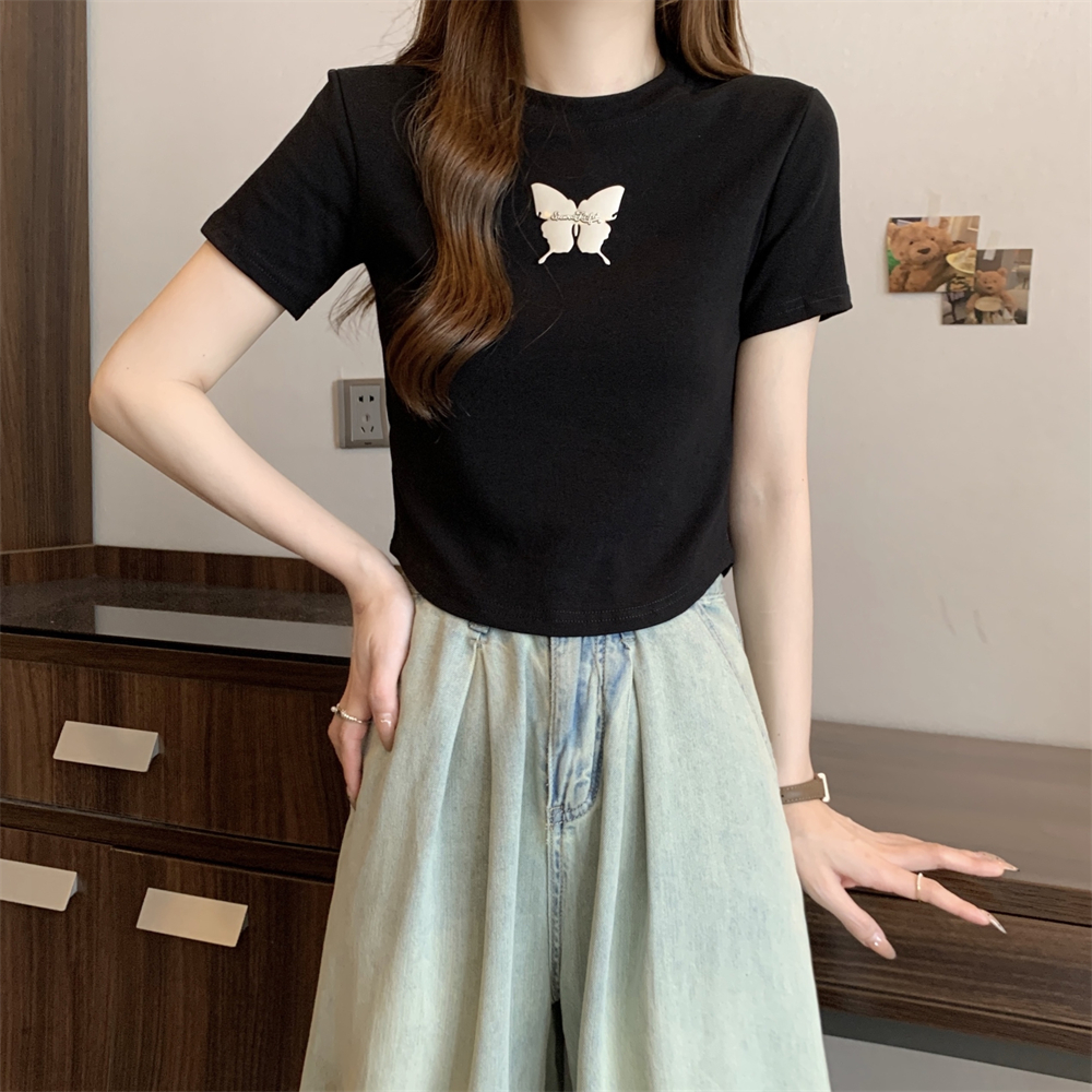 實拍 夏季韓版百搭純色蝴蝶結打底衫女新款純棉短袖T恤上衣女