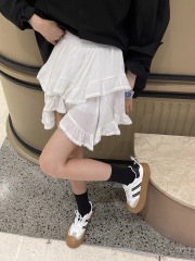 蕾絲拼接白色高腰顯瘦不規則蛋糕裙半身裙荷葉邊親膚顯瘦短裙女