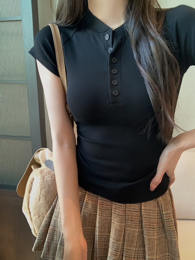 實拍 夏季韓版純色半扣領打底衫女新款純棉紐扣短袖T恤上衣女