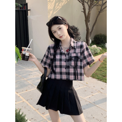 實拍 韓系辣妹燙鑽格紋短款襯衣女春夏新款小眾別致蝴蝶結短袖