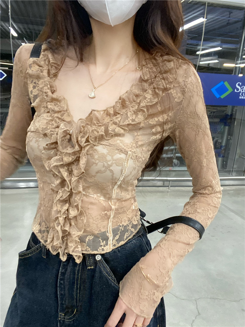 Real photo of micro-transparent mesh lace chiffon shirt for women's spring French long-sleeved V-neck thin niche slim body garment