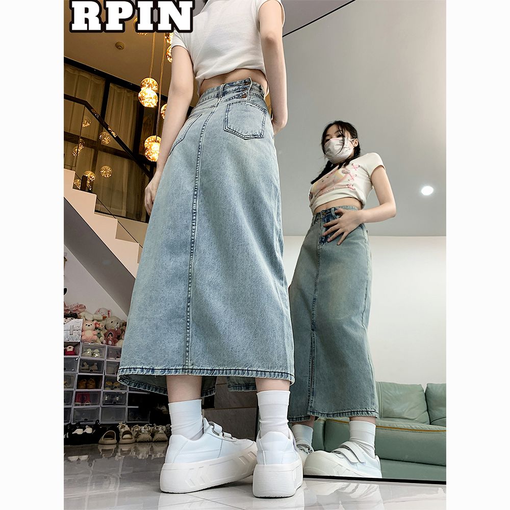 排扣設計開叉牛仔半身裙女2025夏季大碼高腰顯瘦a字包臀中長裙子