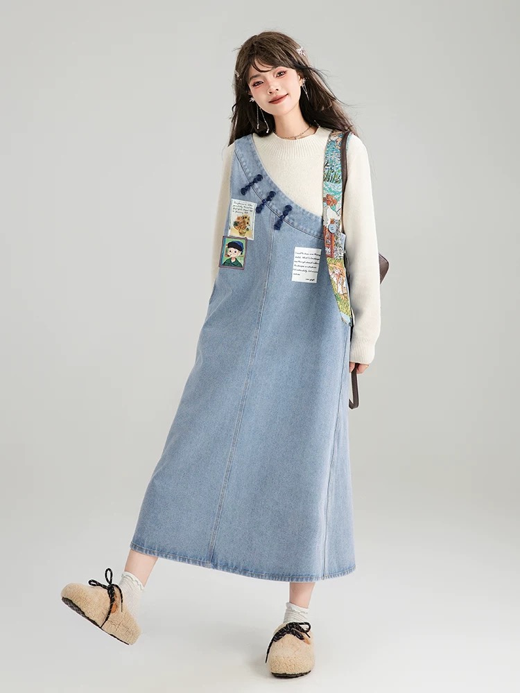 Korean-style artistic retro denim overalls dress for women, summer, niche design, printed to hide flaws and create a slimmer A-line dress