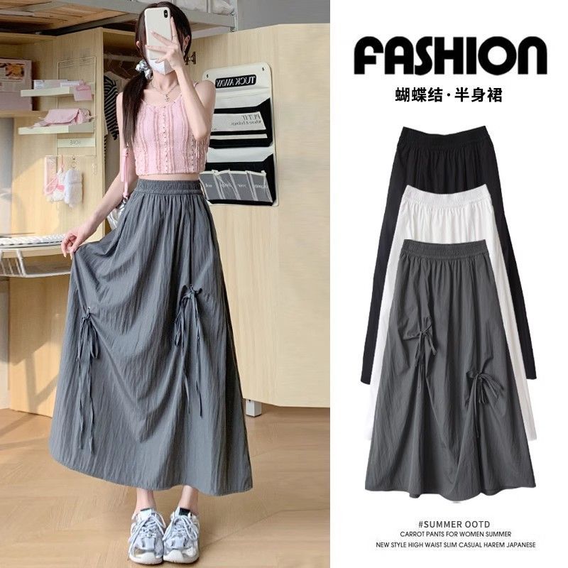 Summer design bow skirt for women 2025 new small person loose and slim high waist mid-length long skirt