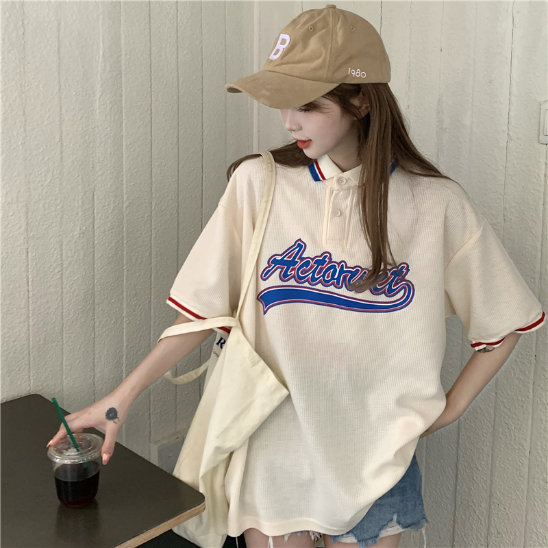 Real shot 65 waffle waffle Polo shirt T-shirt summer loose short-sleeved printed top