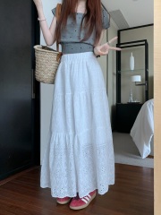 Real shot of the new French heavy industry embroidery hollow high waist slimming the hips lace lace cake A-line long skirt