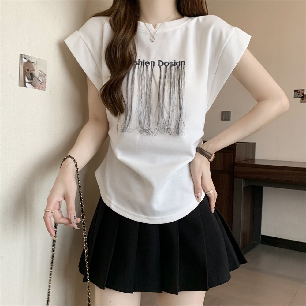 Real shot 65 cotton bead floor short-sleeved T-shirt for women, flying sleeves vest vest embroidered tassels