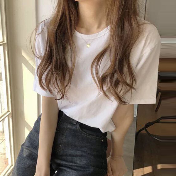 韓國chic簡約基礎款休閒百搭圓領套頭純色寬鬆短袖T恤女