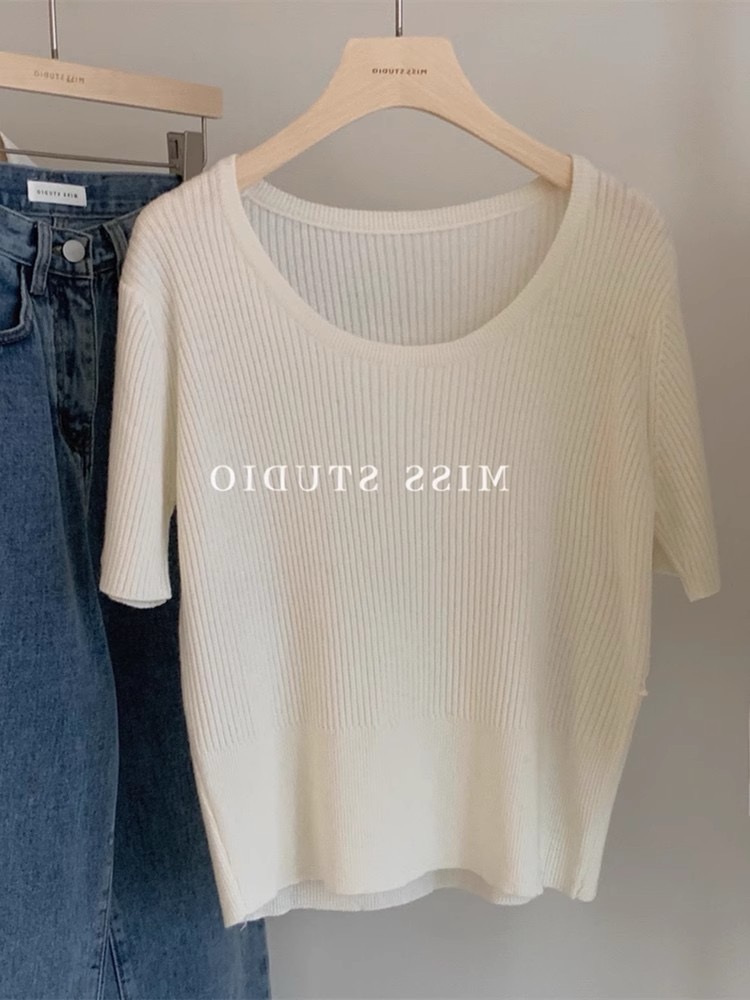 Ice silk linen short-sleeved sweater for women in summer thin round neck loose slim and straight shoulder short T-shirt top