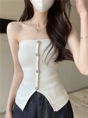 Real shot of Korean chi little sexy one-length neck chic button slim and versatile versatile strap bracelet sweater for women